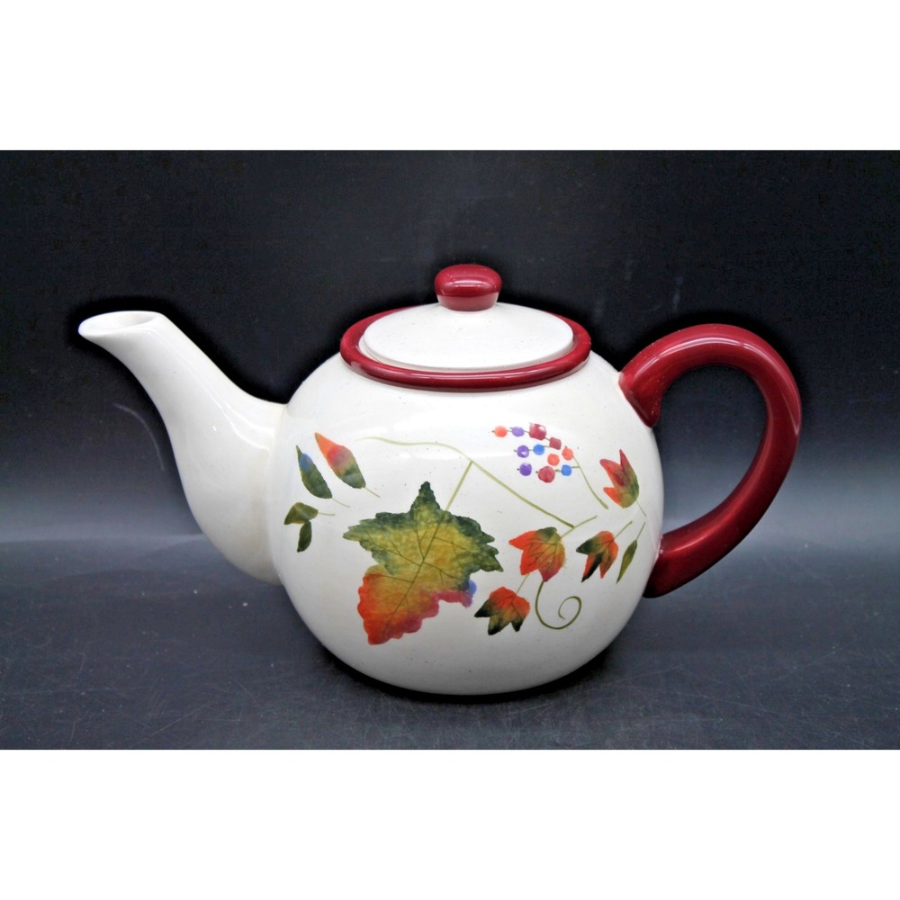 Hallmark Ceramic Teapot Autumn Fall Leaves Berries Burgundy Handle Speckled